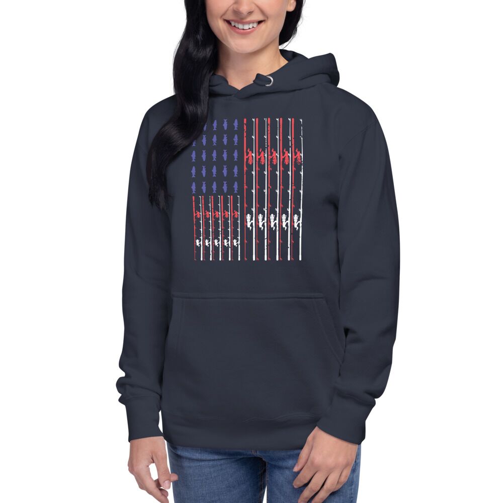 Fishing Rod American Flag Vintage US Fishing Unisex Hoodie - Image 3